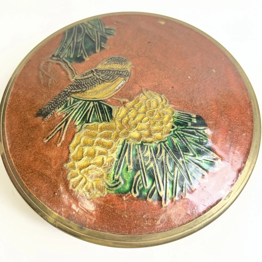 Vintage Made in India Brass Enamel Trinket Box Bird
